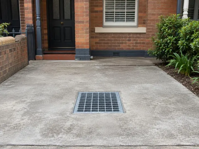 Concrete driveway with a square metal drain grate beside a brick house in Waverley